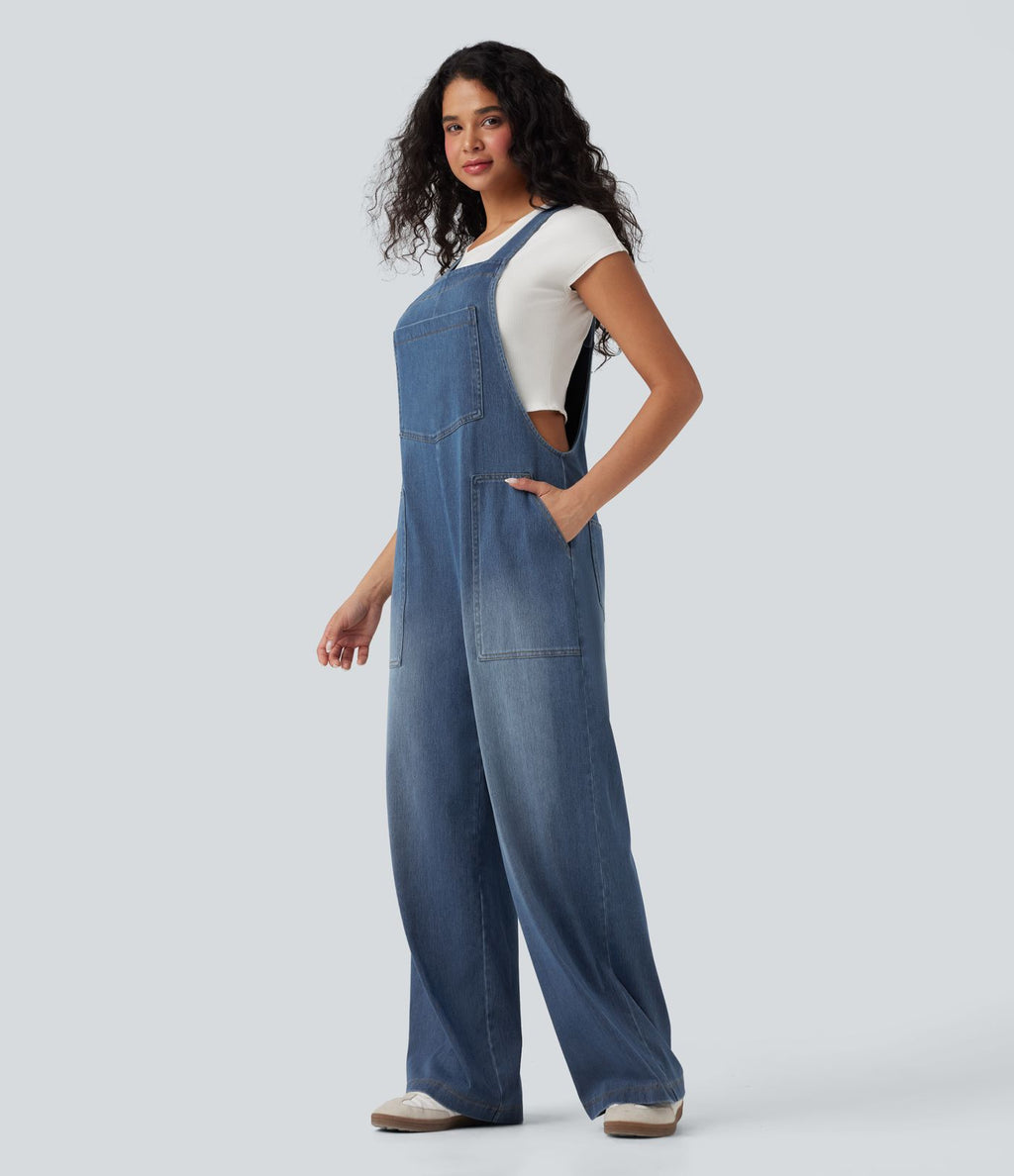 Salopette denim Halara Flex™ col carré effet délavé avec poches