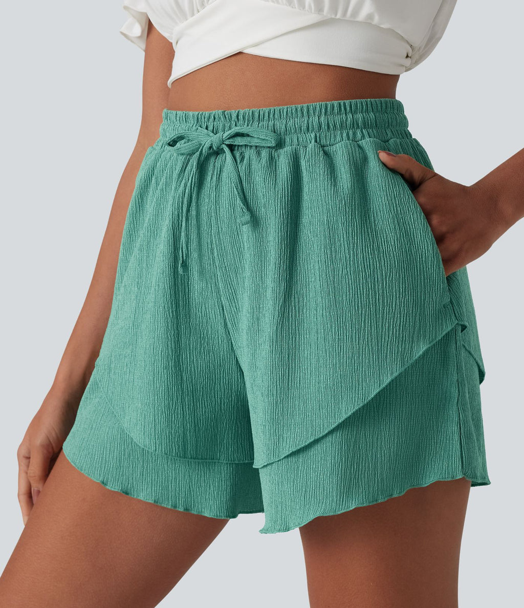 Short taille haute 12,5 cm à cordon de serrage et ourlet volants superposés avec poches