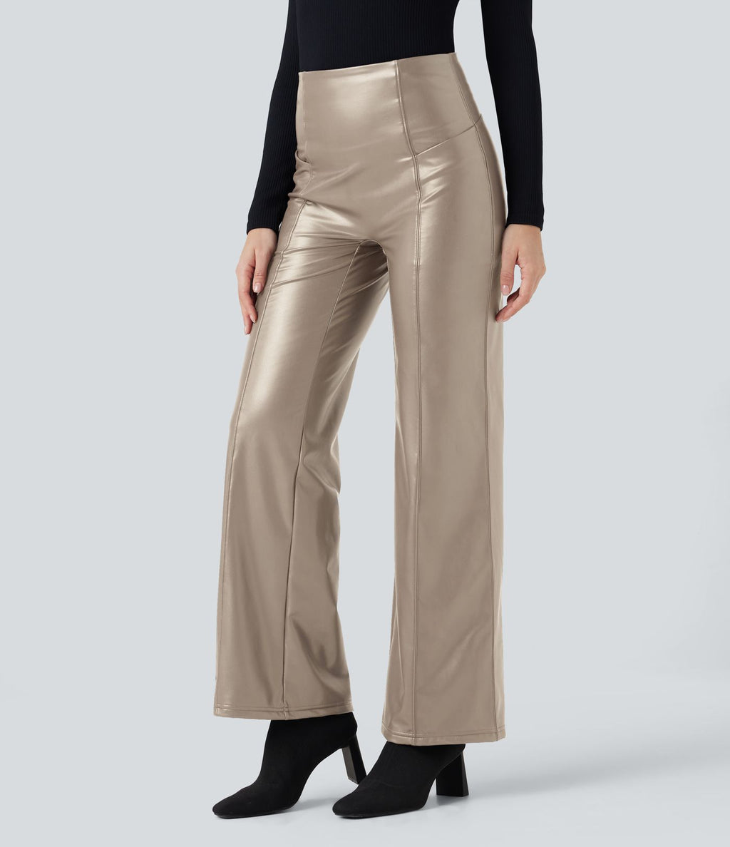Pantalon similicuir évasé gainant taille haute stretch avec poches