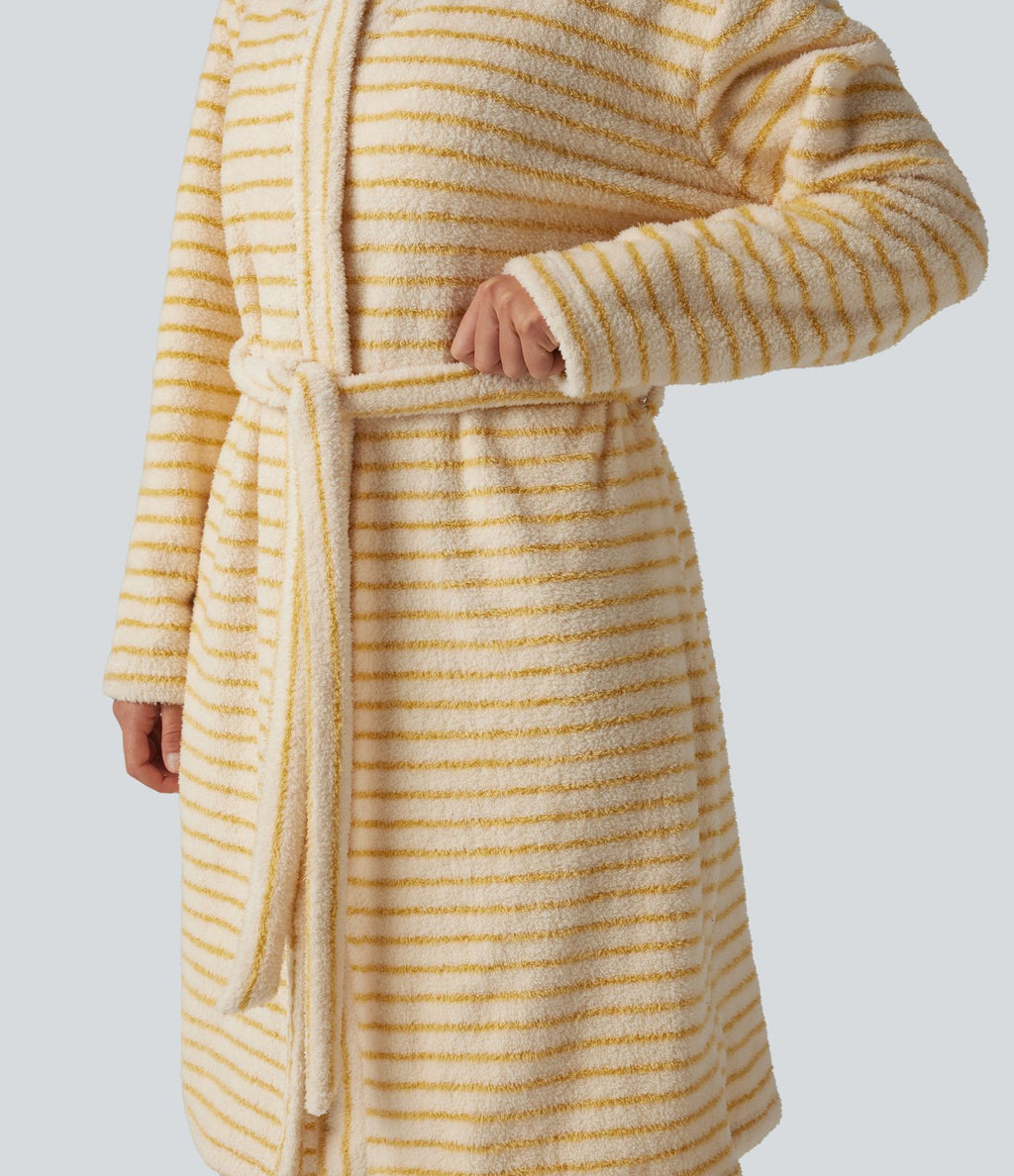 Robe d'intérieur longue en flanelle à rayures manches longues ouverte avec ceinture