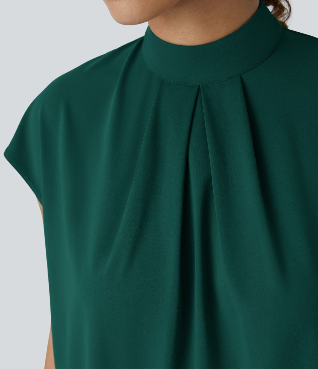 Blouse de Travail à Col Montant Plissée avec Boutons dans le Dos et Manches Courtes