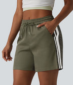 Short ample décontracté à taille mi-haute, cordon de serrage, rayures color block, imprimé léopard contrastant, 12,5 cm, avec poches