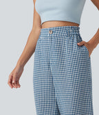 Pantalon 7/8 décontracté aspect lin à carreaux taille haute avec poches