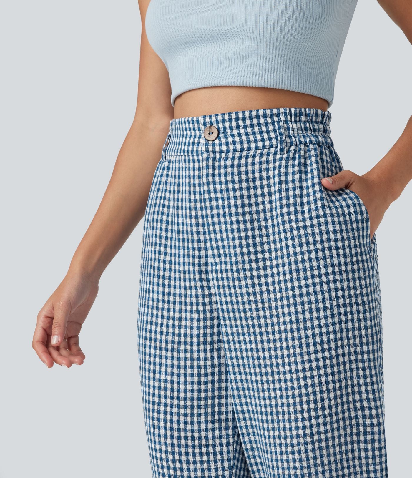 Pantalon 7/8 décontracté aspect lin à carreaux taille haute avec poches