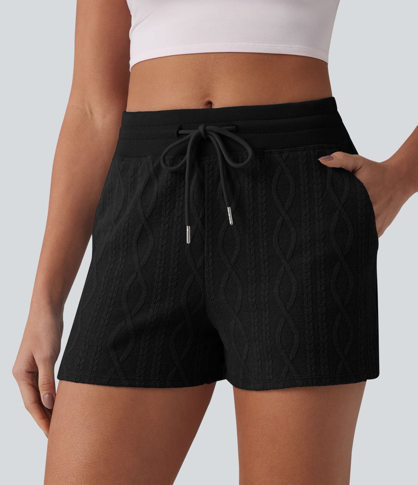 Short casual 7,5 cm en maille torsadée taille mi-haute, cordon de serrage et poches