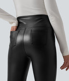 Pantalon évasé décontracté gainant taille haute extensible en molleton PU avec poches