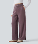 Pantalon jogging décontracté polaire taille haute jambe large avec cordon de serrage ourlet fendu et poches