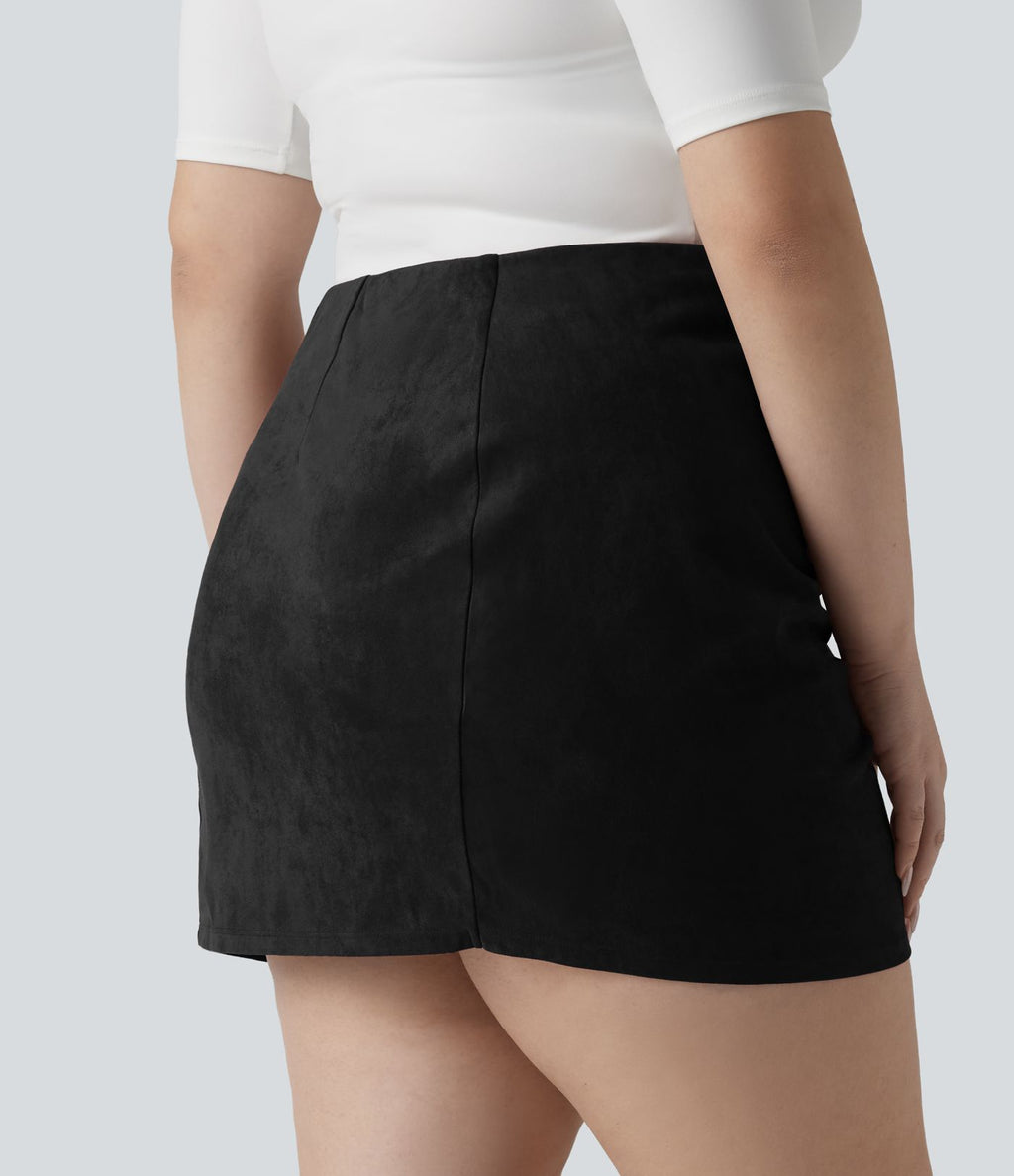 Jupe mini moulante décontractée grande taille en suédine, taille haute, froncée, avec ourlet croisé