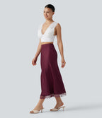 Jupe midi trapèze décontractée en satin et dentelle contrastée, taille haute