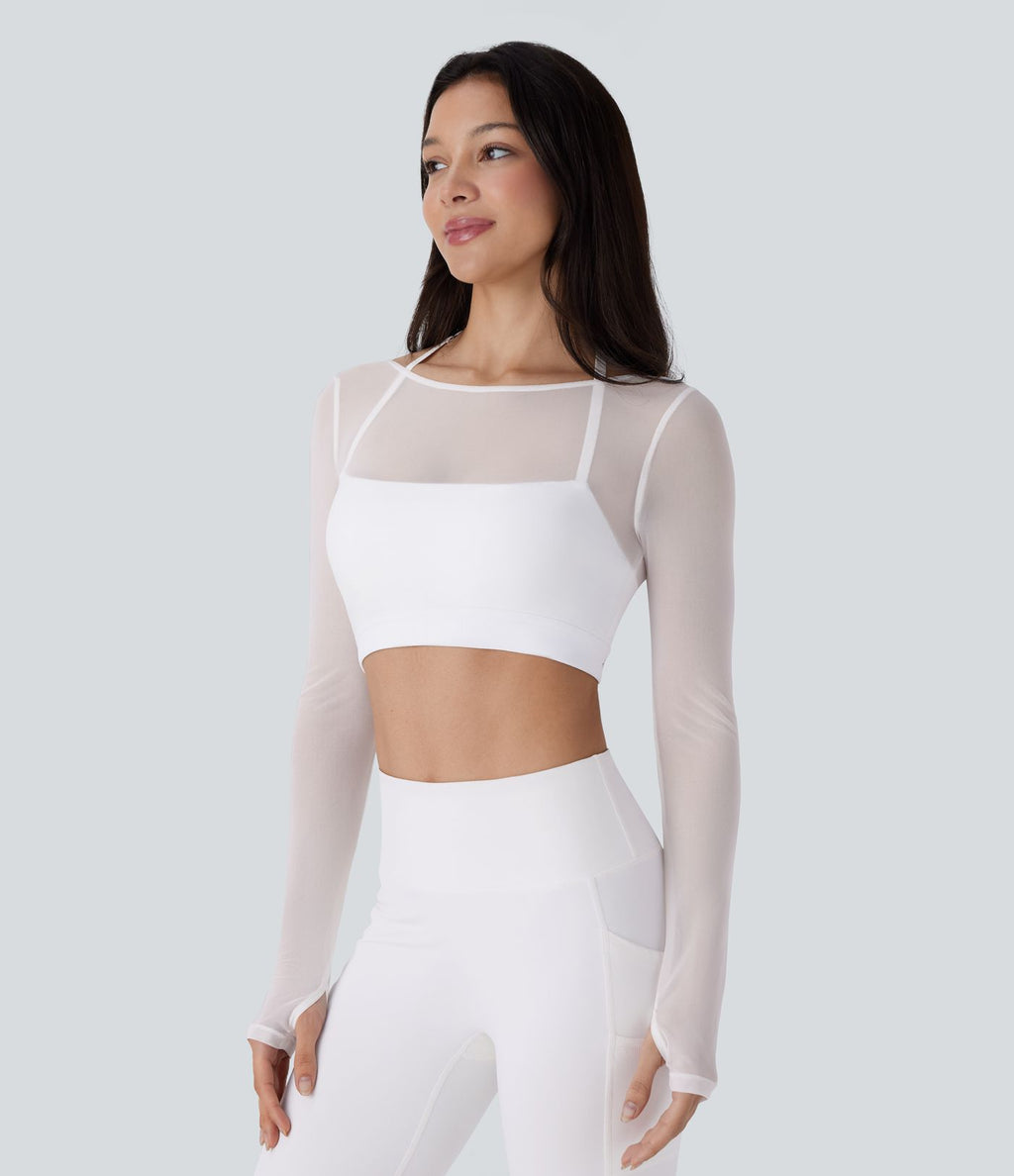 Haut de sport yoga crop top 2-en-1 avec col licou, dos nu, manches longues, passe-pouces et mesh contrastant