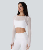 Haut de sport yoga crop top 2-en-1 avec col licou, dos nu, manches longues, passe-pouces et mesh contrastant