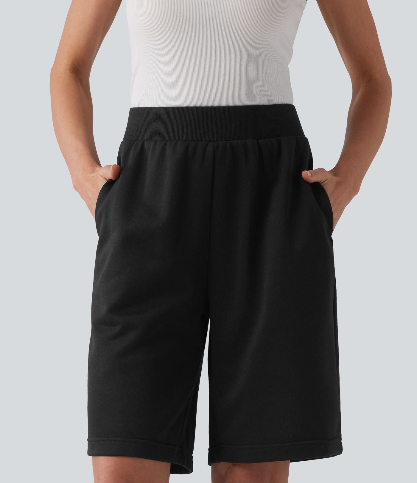 Bermuda casual ample taille mi-haute en molleton français à cordon de serrage intérieur avec poches