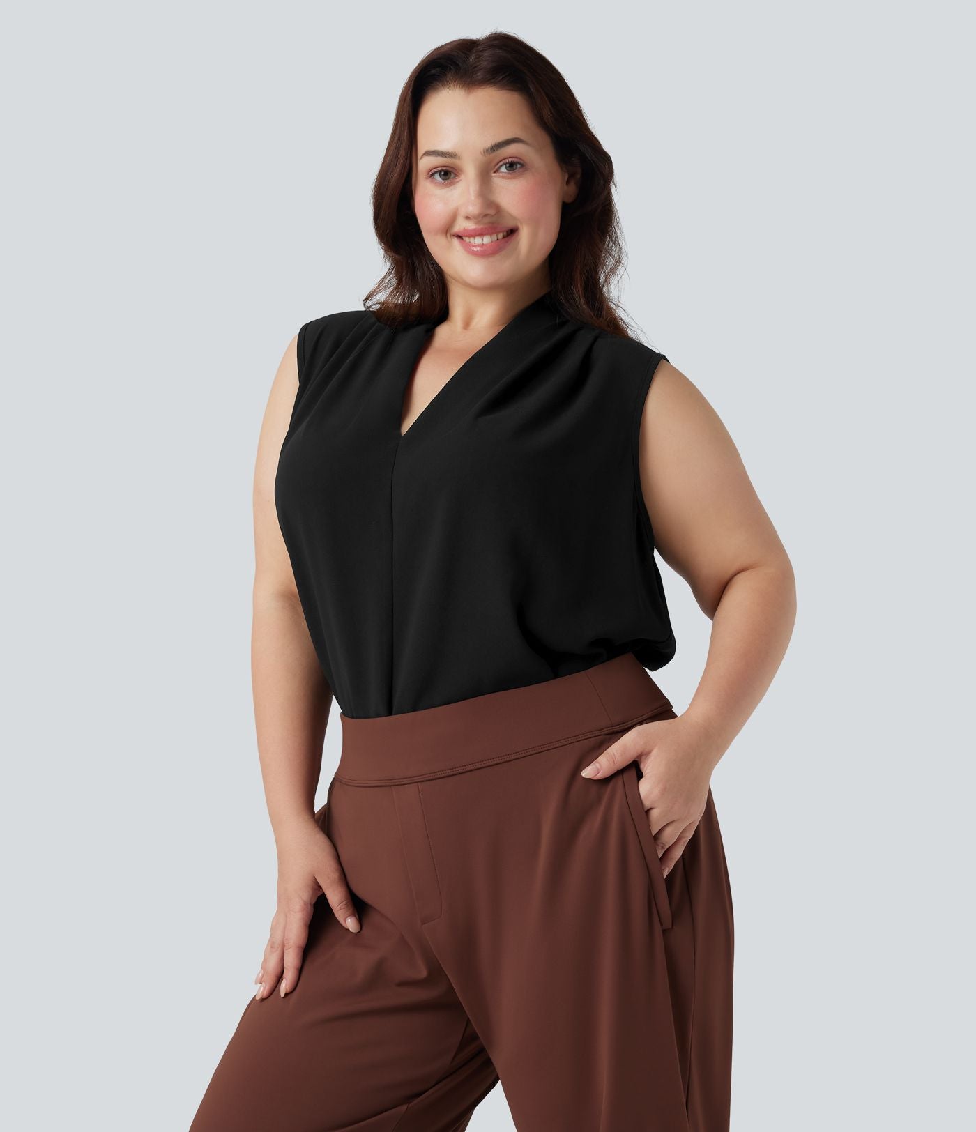 Blouse travail grande taille col V sans manches