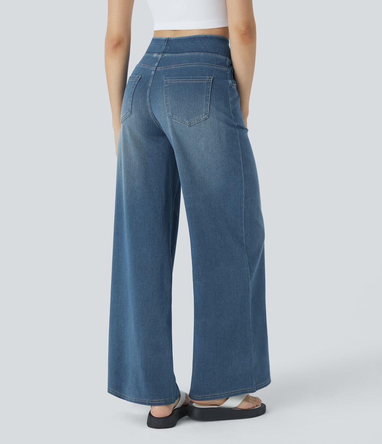 Halara Flex™ Jean Large Casual Taille Haute Poches Multiples Tricot Extensible Délavé