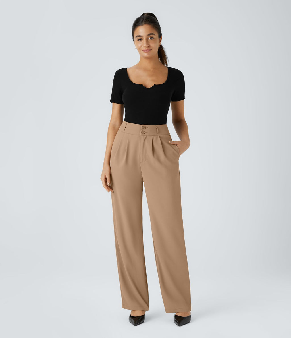 Pantalon de travail Halara Flex™ droit froncé avec poche zippée, taille haute