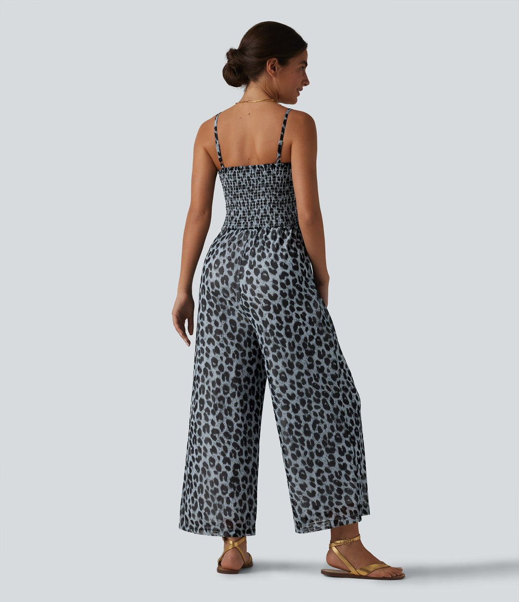 Combinaison baggy casual en mesh léopard avec lien à nouer à l’avant, détails froncés et poches