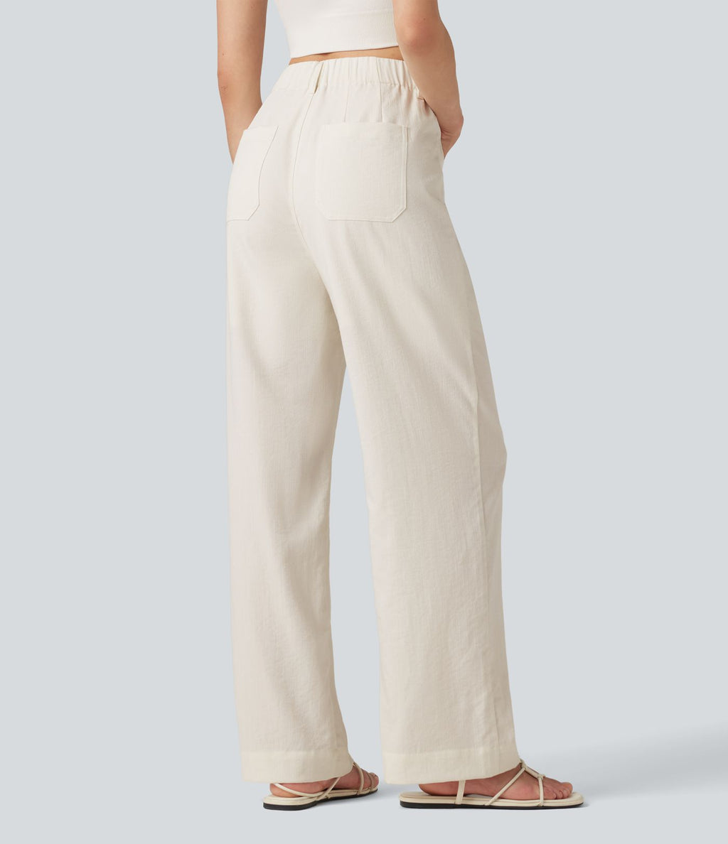 Pantalon décontracté coupe droite taille haute aspect lin avec poches