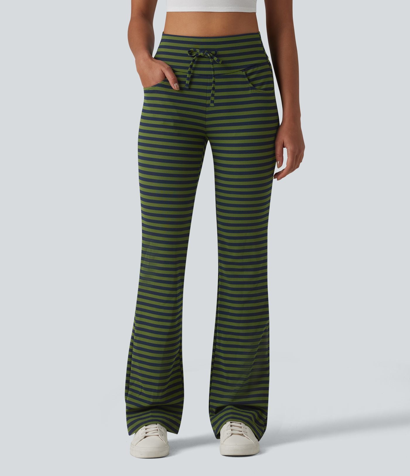Pantalon évasé décontracté taille haute gainant à rayures en tissu gaufré avec cordon de serrage et poches