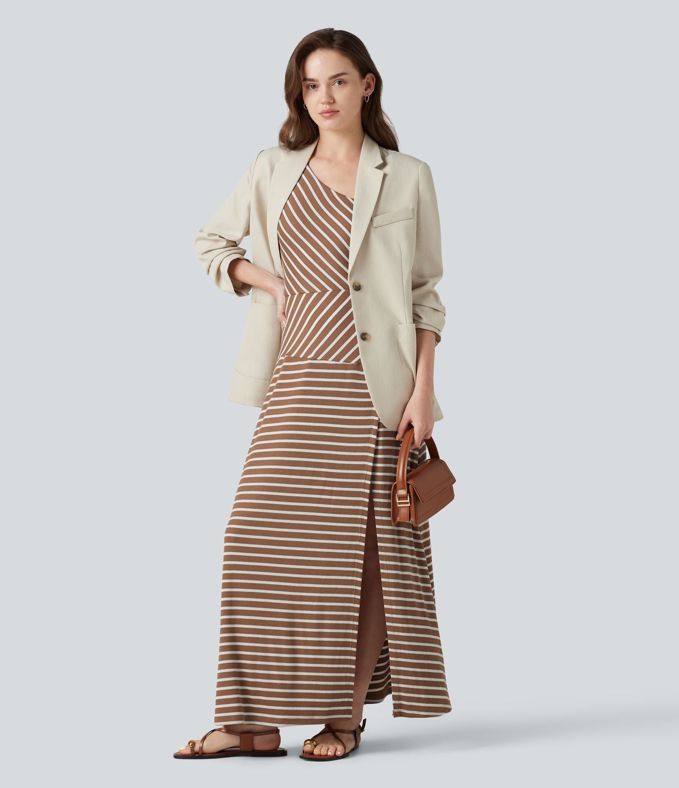 Robe longue décontractée à rayures, asymétrique, sans manches, en maille côtelée, avec poche