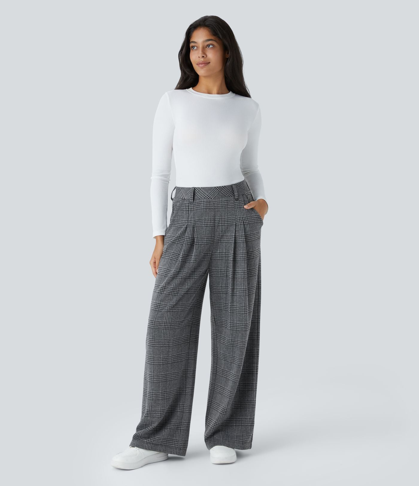 Pantalon taille haute décontracté large à carreaux, avec poches