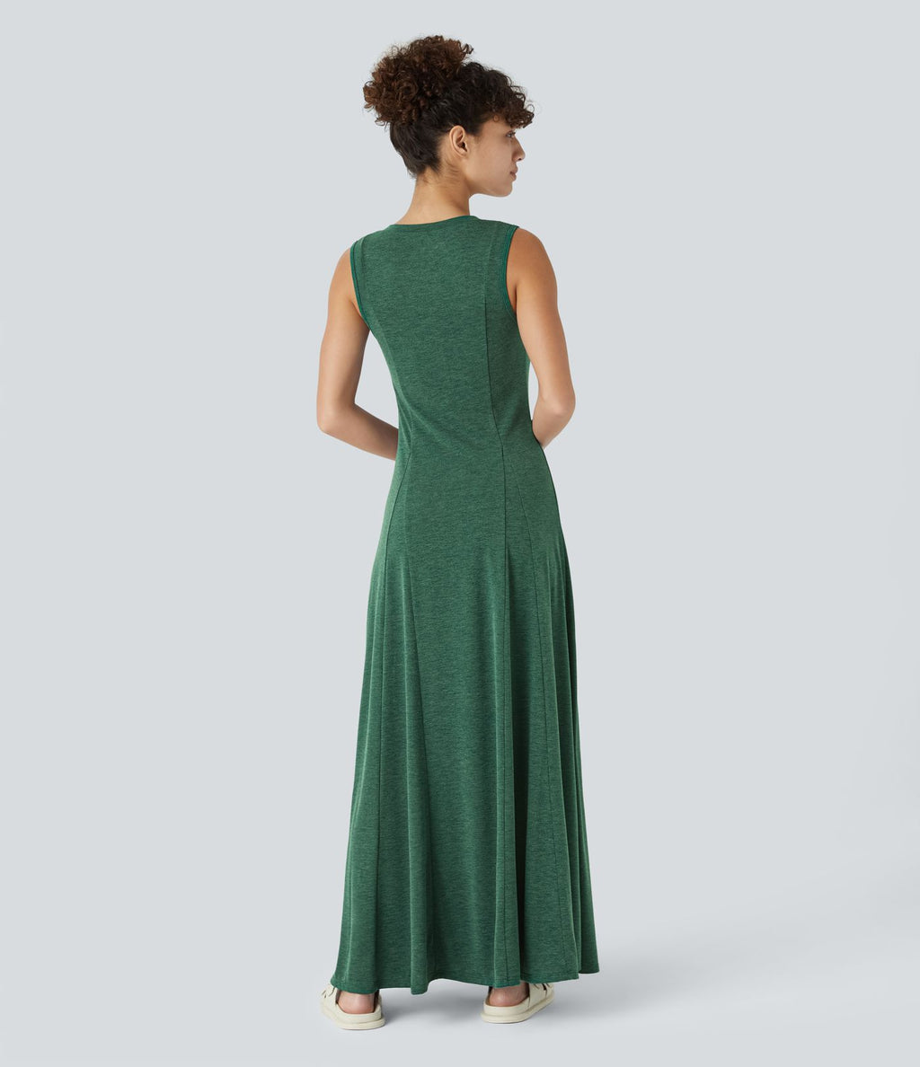 Robe Casual Maxi Col Rond Sans Manches Boutonnés