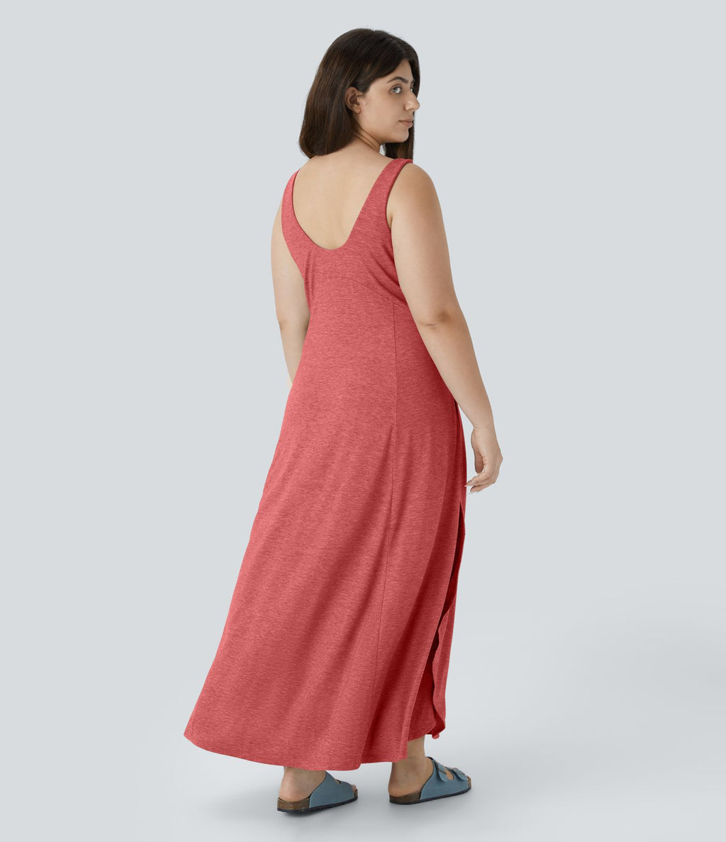 Robe Maxi Casual Grande Taille à Col U Sans Dos Fendue et Fluide