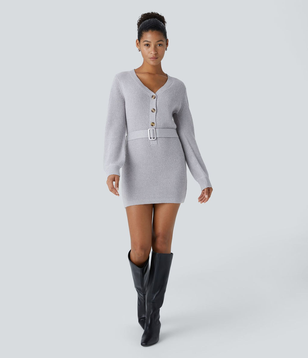 Robe-pull décontractée courte à col V, boutonnage devant, manches longues et ceinture