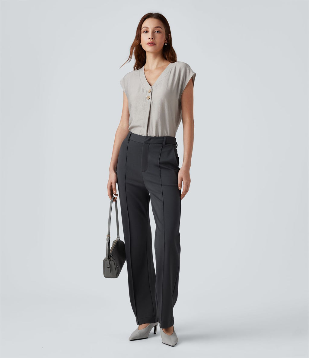 Blouse de Travail Col V Manches Courtes avec Boutons Décoratifs