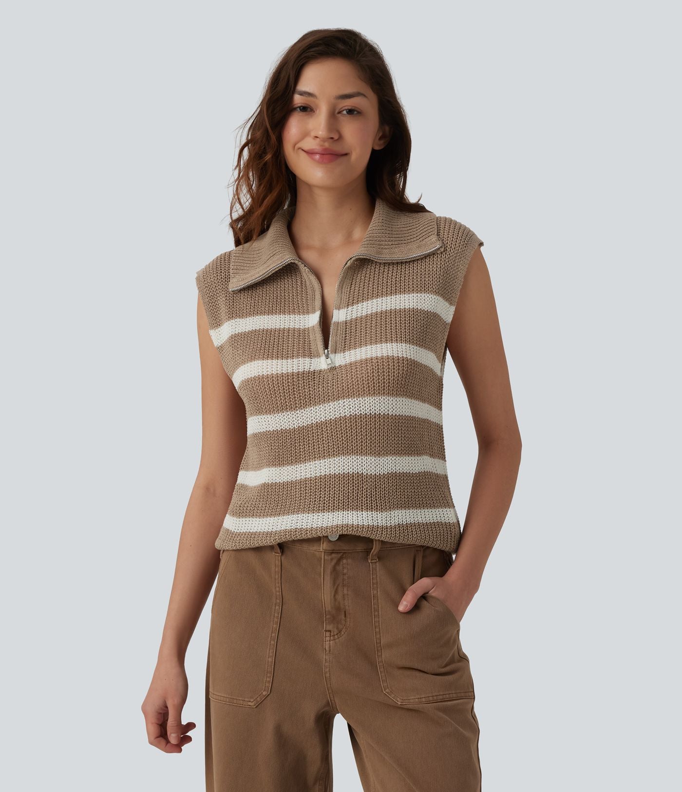 Pull décontracté sans manches demi-zip à rayures