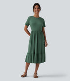 Robe midi casual chinée col rond à manches courtes, avec poches