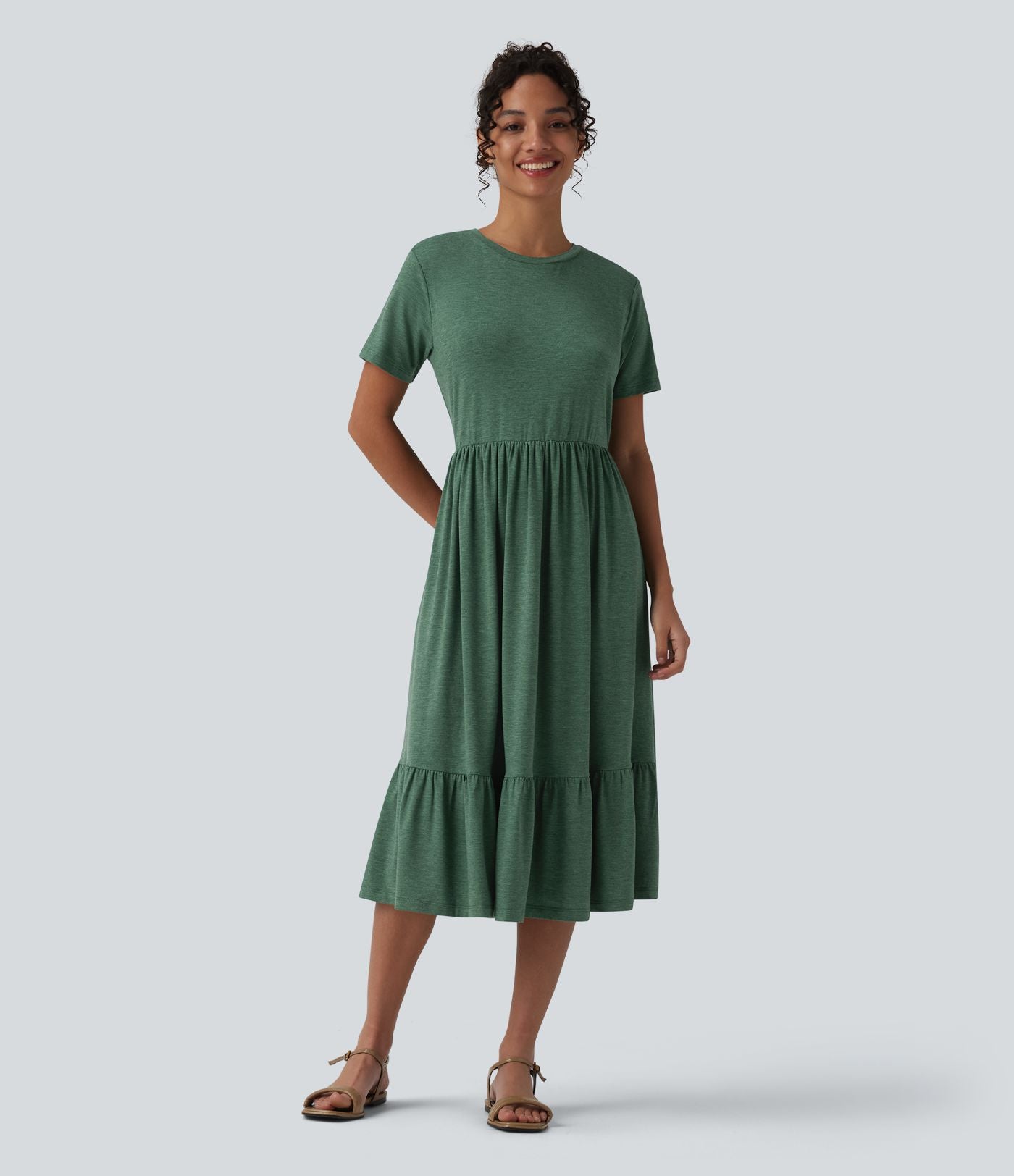 Robe midi casual chinée col rond à manches courtes, avec poches