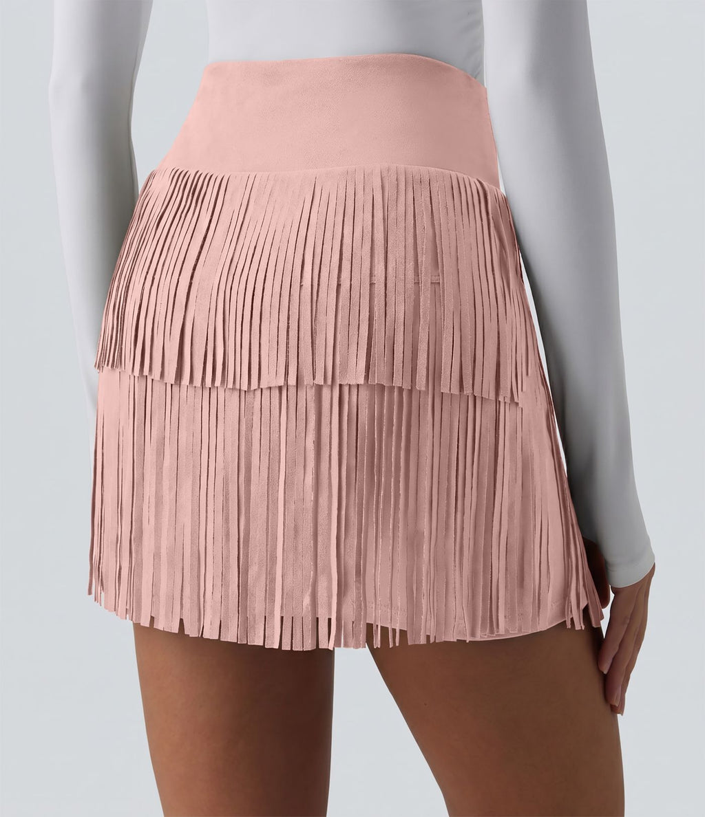 Jupe mini de soirée ajustée effet daim taille haute croisée 2-en-1 à franges