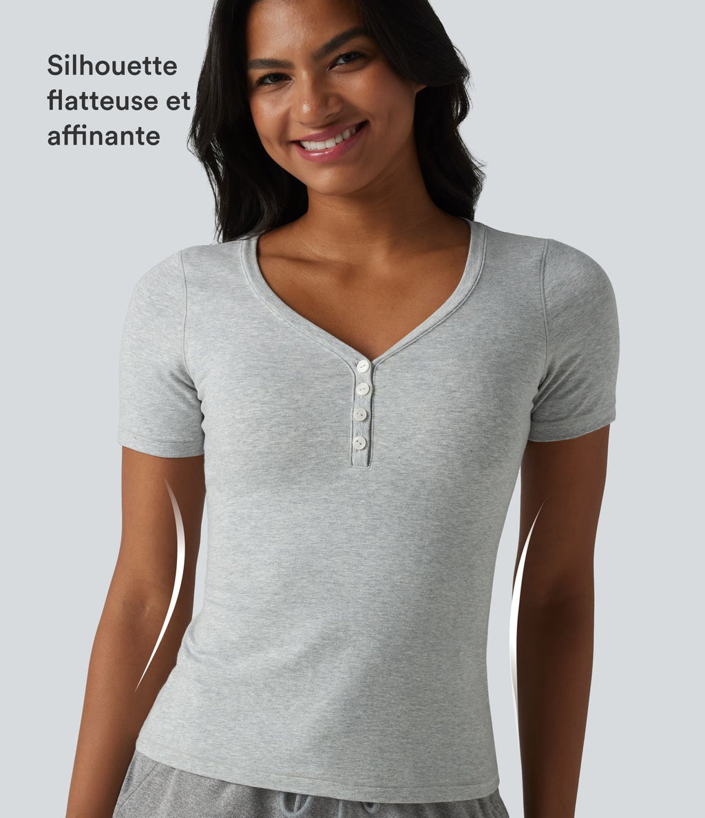 Halara T-shirt décontracté en jersey de coton, col V, manches courtes, brassière intégrée, bonnets B-DD