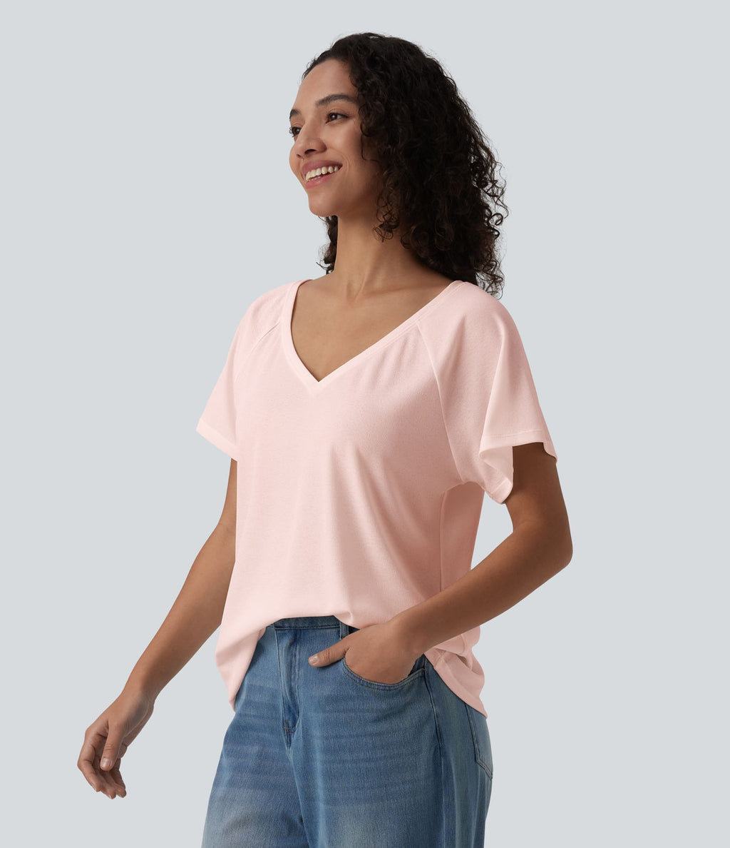 T-shirt casual col V manches raglan courtes coupe ample