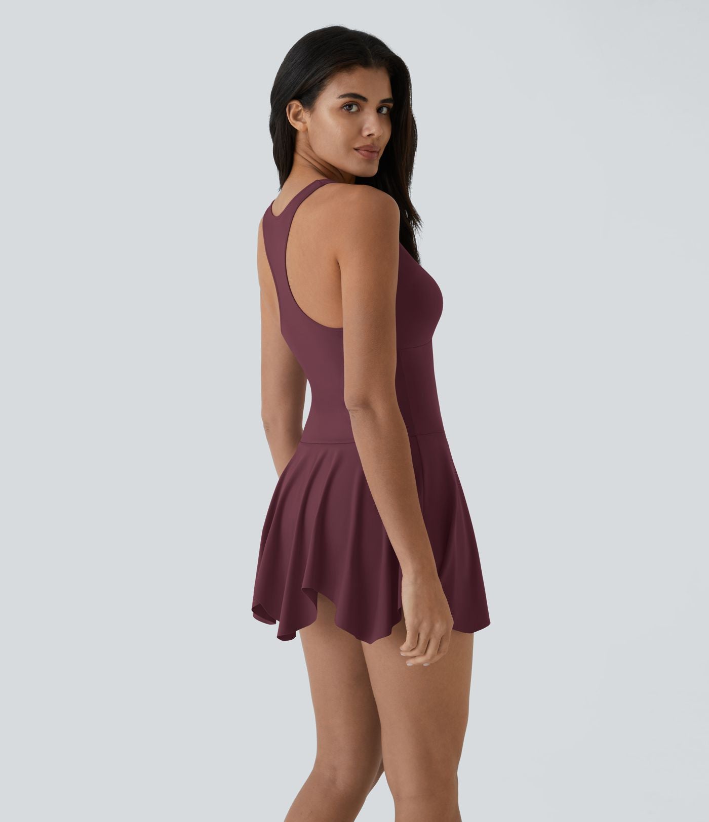 Robe Casual Mini Évasée 2-en-1 à Col V Profond Dos Nageur et Poches Latérales