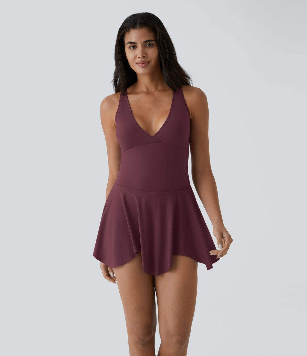 Robe Casual Mini Évasée 2-en-1 à Col V Profond Dos Nageur et Poches Latérales