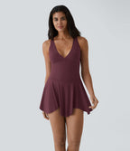 Robe Casual Mini Évasée 2-en-1 à Col V Profond Dos Nageur et Poches Latérales