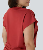 Blouse Travail Unie Froncée Croisée Manches Courtes Col en V Grande Taille