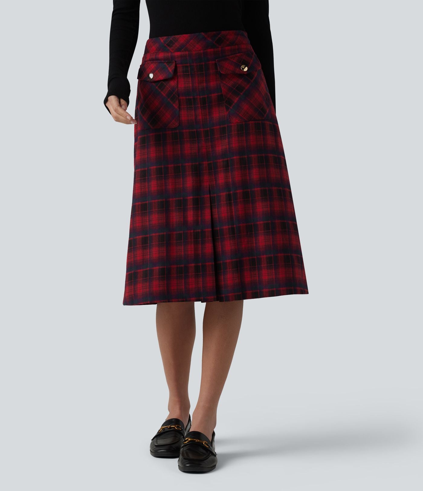 Jupe midi tailleur trapèze taille mi-haute à carreaux tartan, avec poches