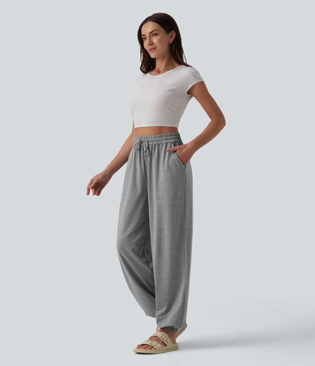 Jogging casual large taille haute à cordon de serrage avec poches