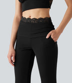 Pantalon décontracté évasé à taille mi-haute en maille côtelée extensible avec poches