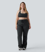 Pantalon de yoga grande taille ample taille haute à cordon, rayé, avec poches