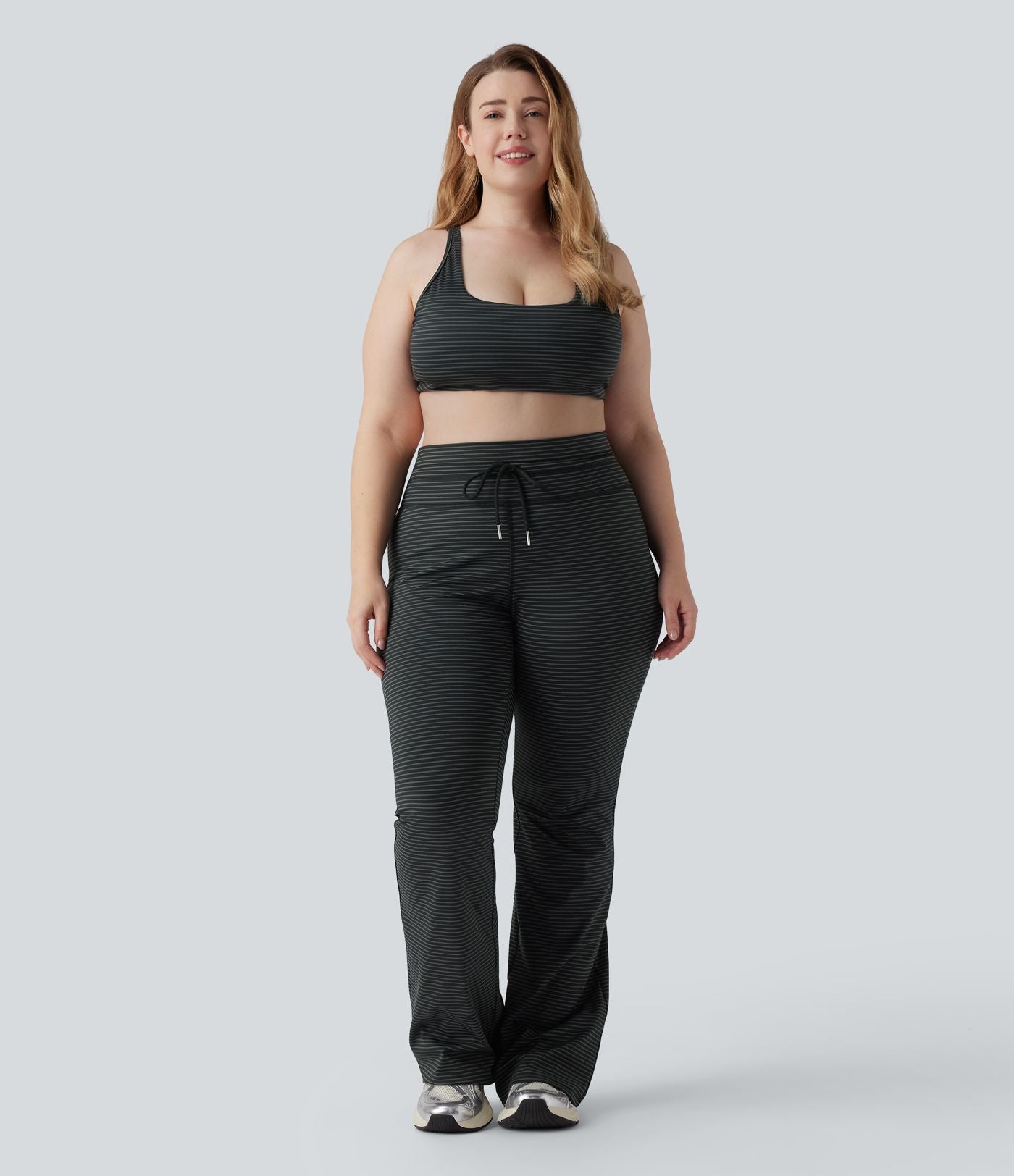 Pantalon de yoga grande taille ample taille haute à cordon, rayé, avec poches