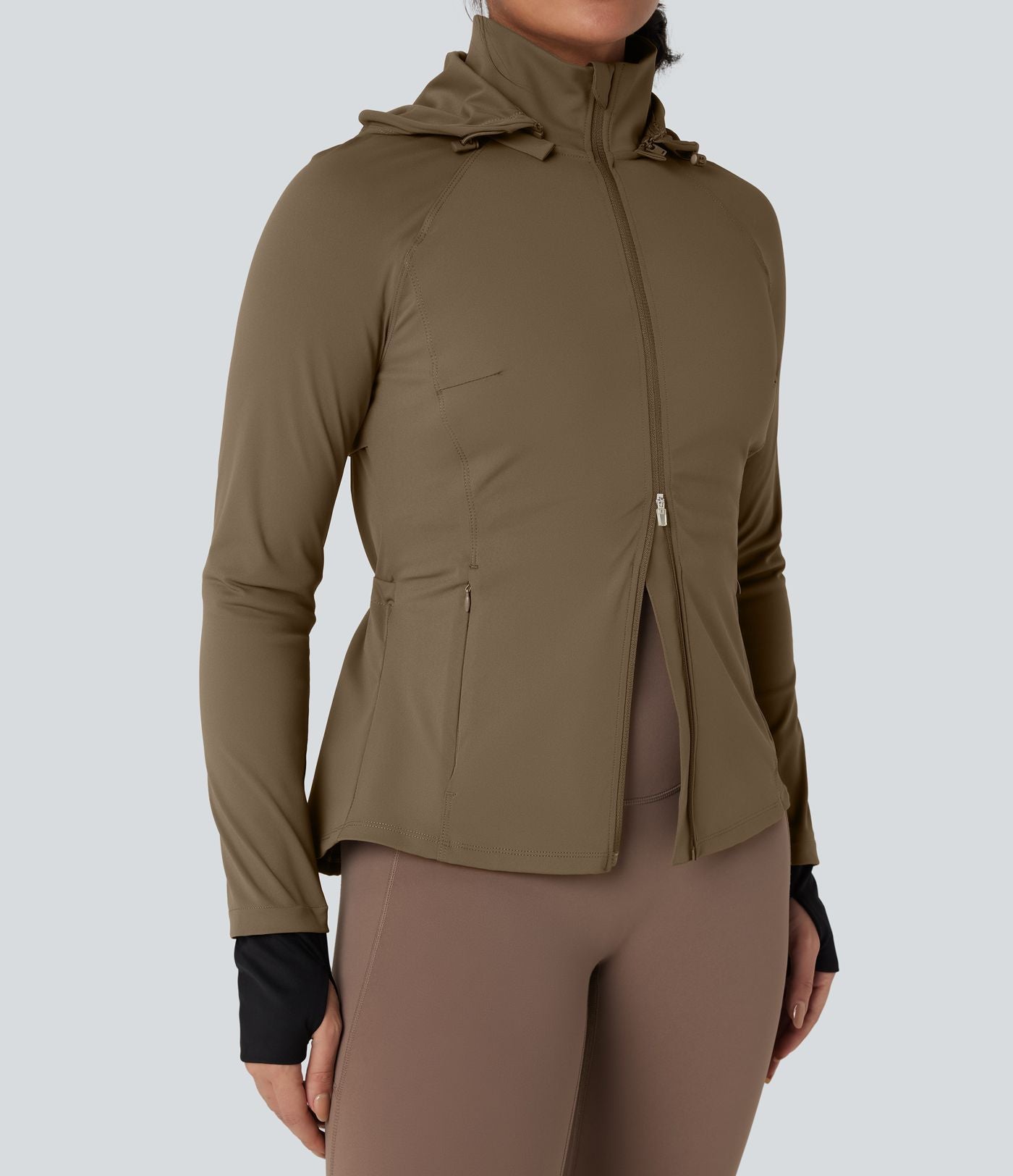 Veste randonnée capuche amovible double zip cordon de serrage avec trous pouces et poches