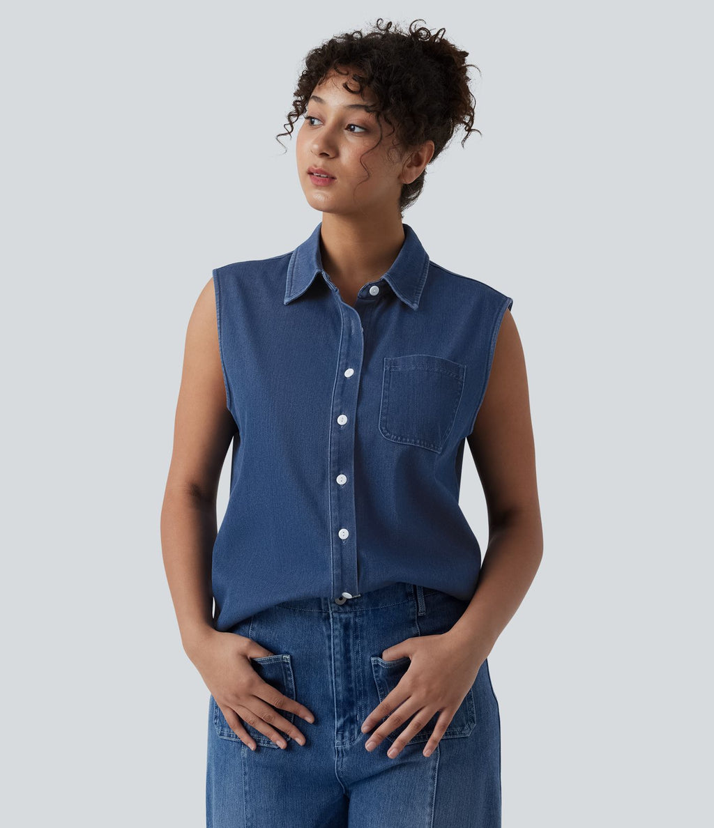 Halara Flex™ Chemise décontractée sans manches en denim avec poche