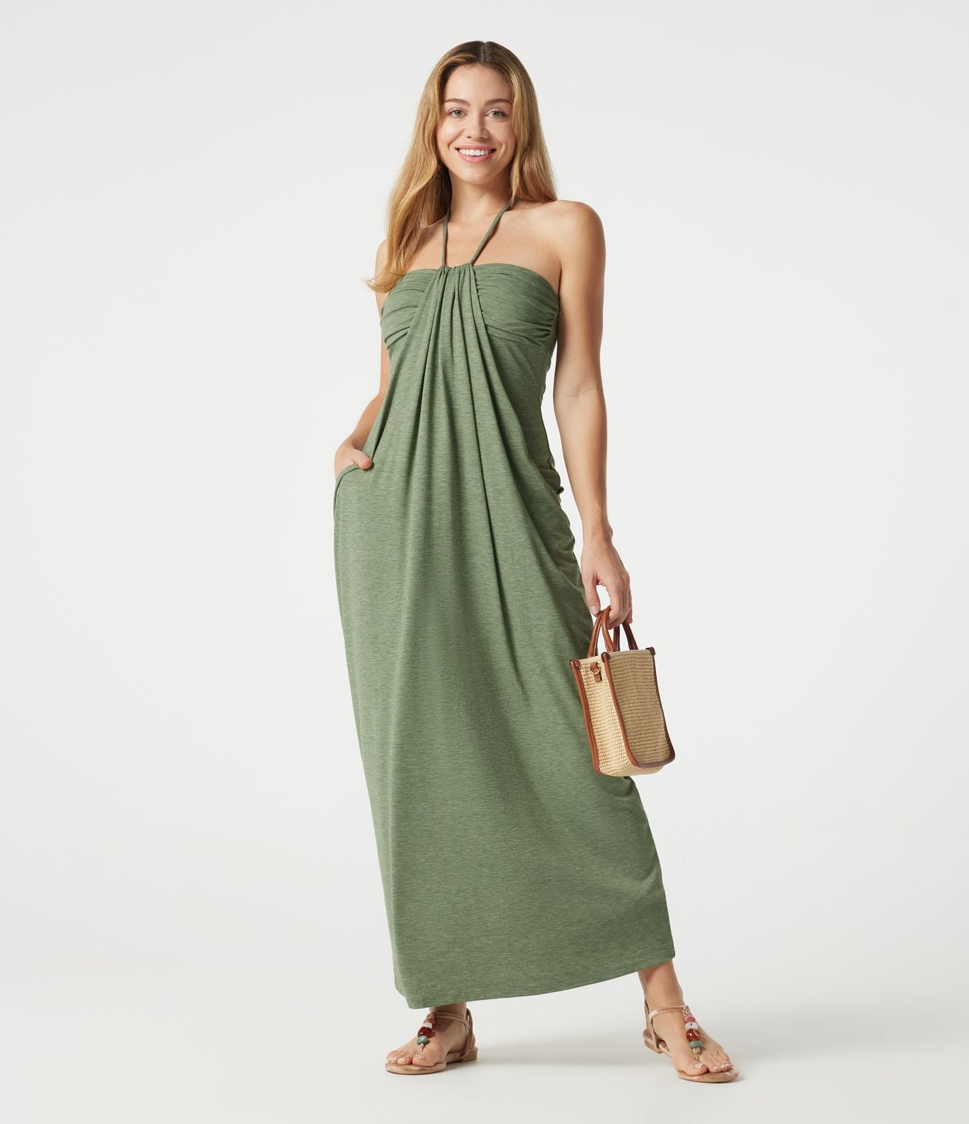 Robe longue chinée dos-nu à nouer, brassière intégrée, à poches