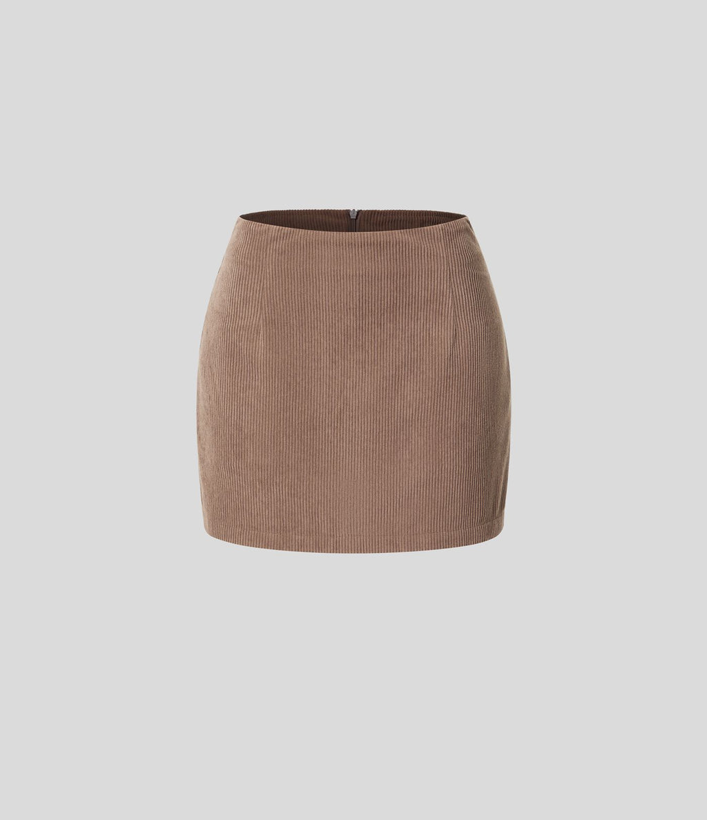 Mini-Jupe Casual en Velours Côtelé 2 en 1 Fermeture Éclair Invisible Taille Haute