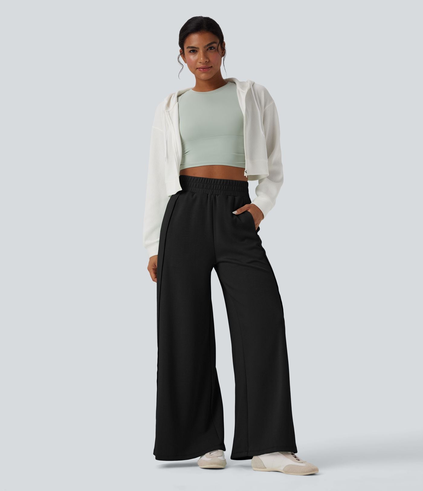 Pantalon décontracté micro gaufré jambe large taille haute avec poches