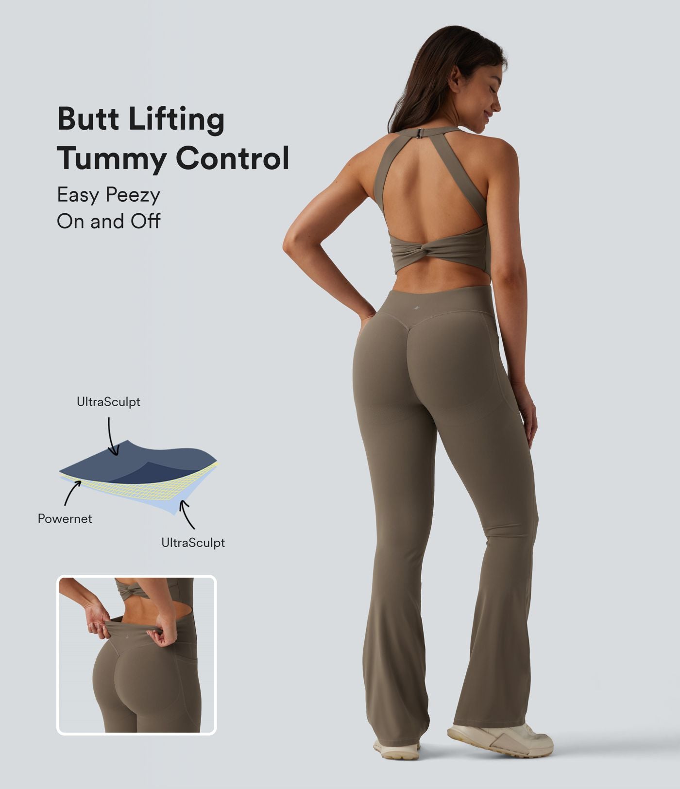 Combinaison de sport Halara UltraSculpt™ dos nu torsadé, effet ventre plat et fessier galbé, coupe bootcut, avec poches — Édition Easy Peasy