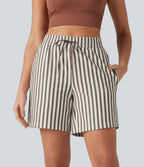 Short de yoga 2 en 1 à rayures taille haute avec cordon de serrage, poches, 17,5 cm
